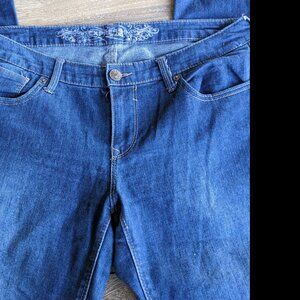 Express Jeans Dark Denim Wash 5 Pocket distressed Straight Leg Jeans, Size 10